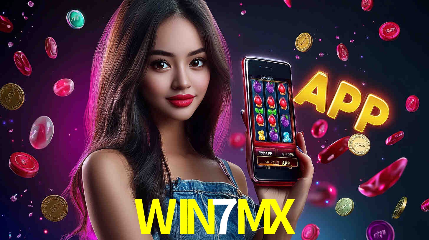 Escena dinámica inspirada en casino con iluminación WIN7MX, cartas, fichas e íconos de juegos digitales en un espacio moderno de juegos.