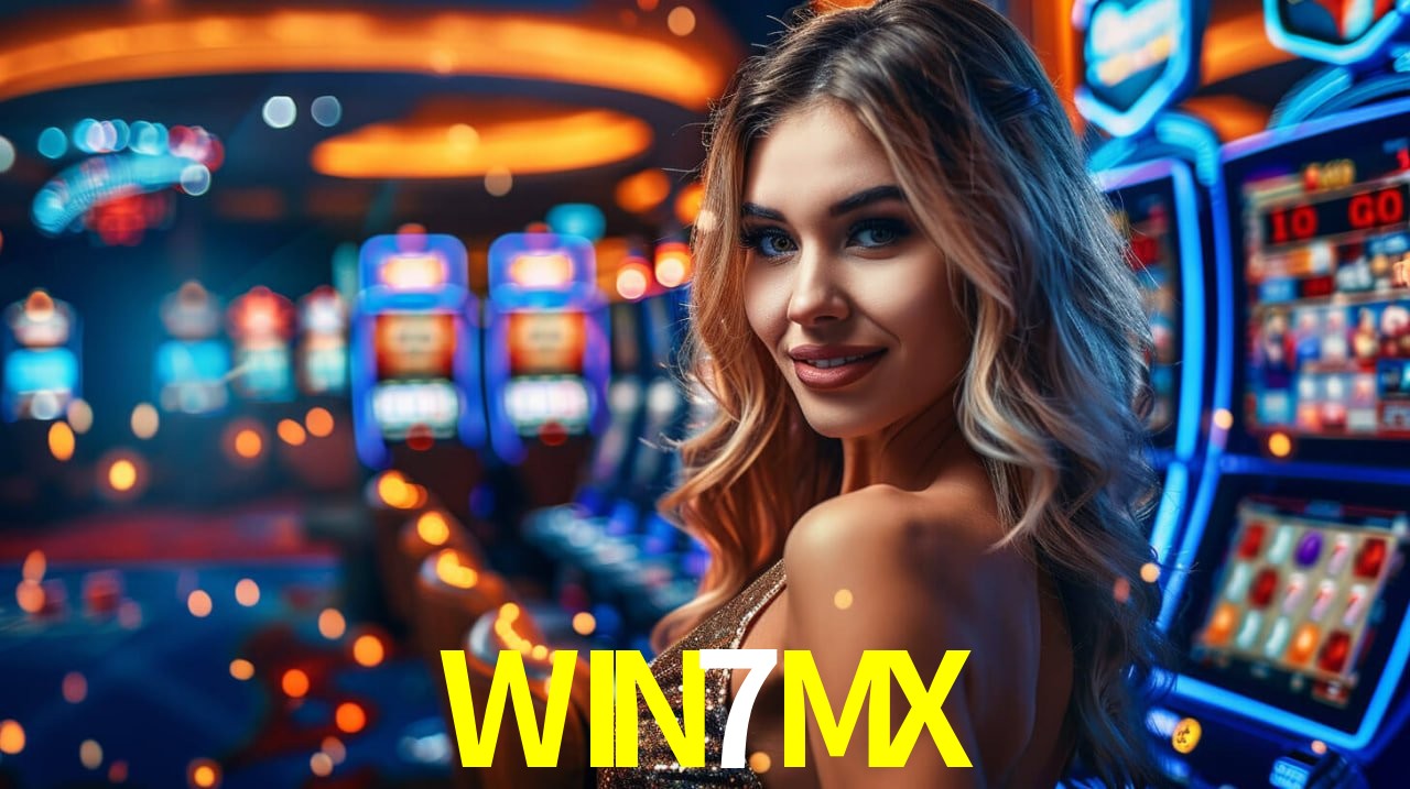 Una escena digital vívida inspirada en casino con WIN7MX mostrado prominentemente, luces brillantes, fichas, cartas y acentos dorados.