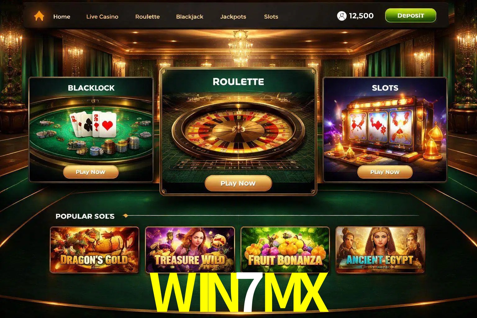 Vista de la plataforma WIN7MX Casino mostrando categorías organizadas de juegos en línea